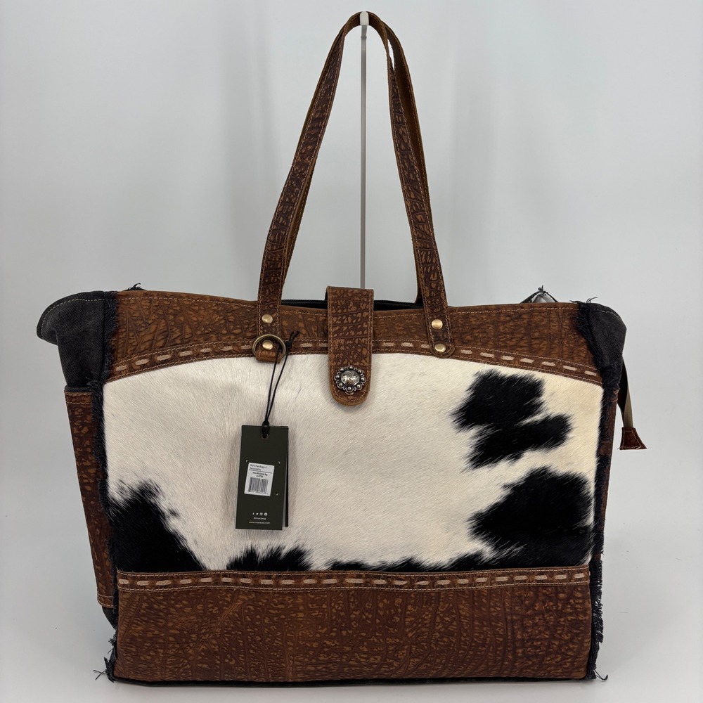 Myra Asher Weekender Bag Women Large Brown White Cowhide Canvas Tote S-6780 NWT